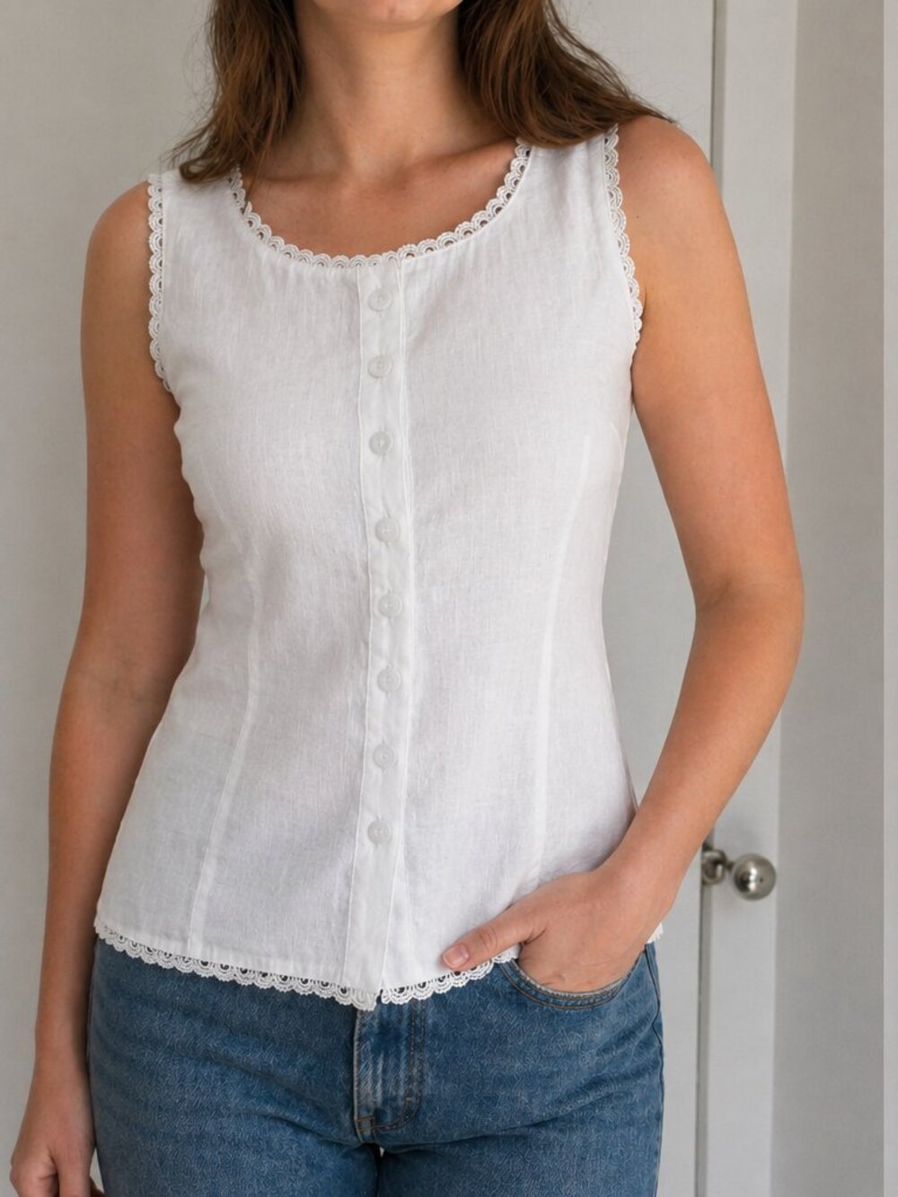 Women's White Lace-Trim Button Tank Top